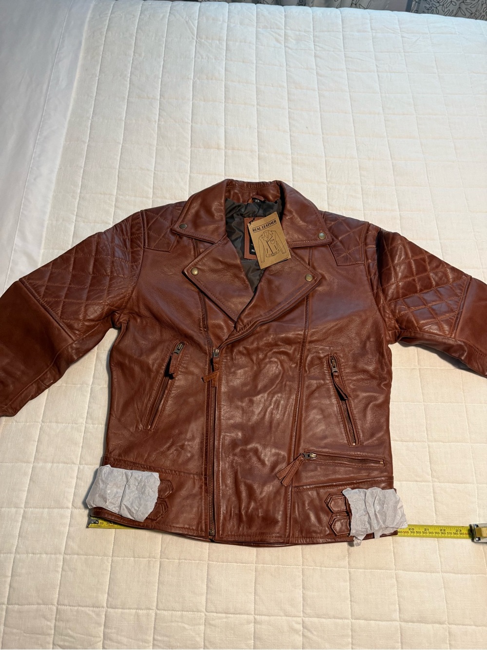 Men's Quilted Asymmetrical Cognac Leather Biker Fashion Jacket, XS - Picture 7 of 10